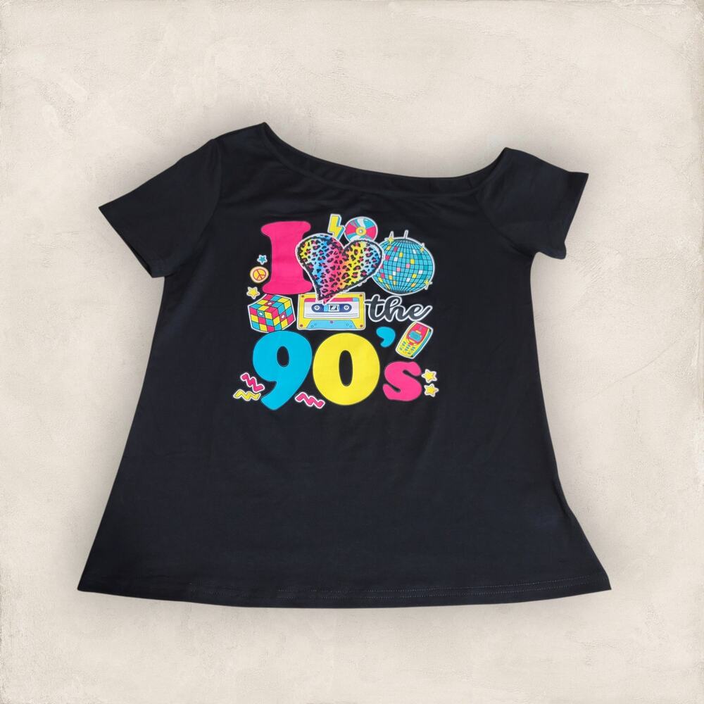 I Love the 90s Black Neon Retro Off Shoulder Graphic Tee Size Small